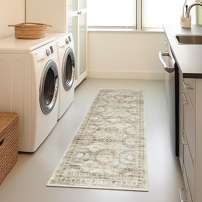2x5 Rug Runner Washable for Entryway, Soft Bathroom Rugs with Non-Slop Backing, Abstract Low Pile Hallway Runner, Vintage Small Kitchen Carpet for Stair, Laundry Room(2'x5', Brown/Pink)