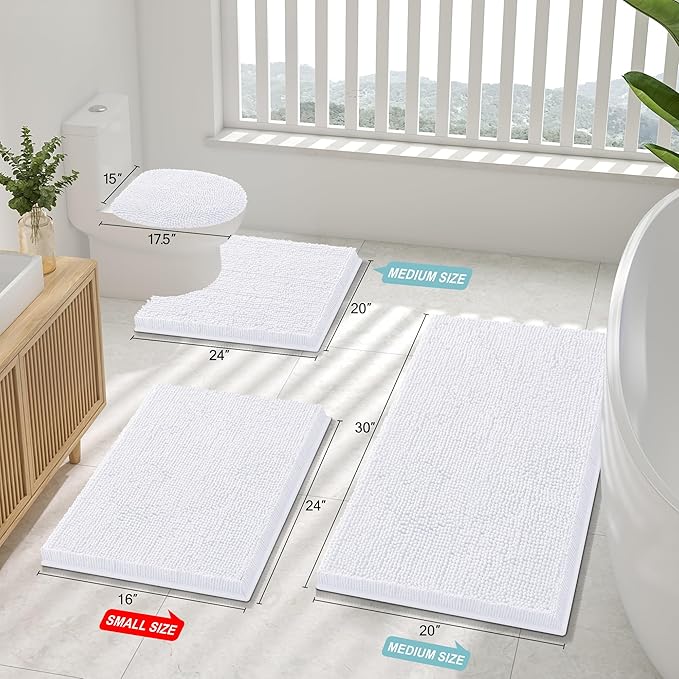 Smiry Luxury Chenille Bathroom Rugs 44x24, Extra Soft and Absorbent Shaggy Bath Mat, Machine Washable, Non-Slip Plush Carpet Runner for Tub, Shower, and Floor, Home Decor Accessories, White