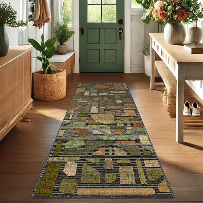 DEXDE 2x6 Runner Rug for Hallway, Washable Abstract Non Slip Low Pile Throw Vintage Checkered Rugs Soft Modern Indoor Carpet for Kitchen Bedroom Bathroom Laundry Entrance, Green
