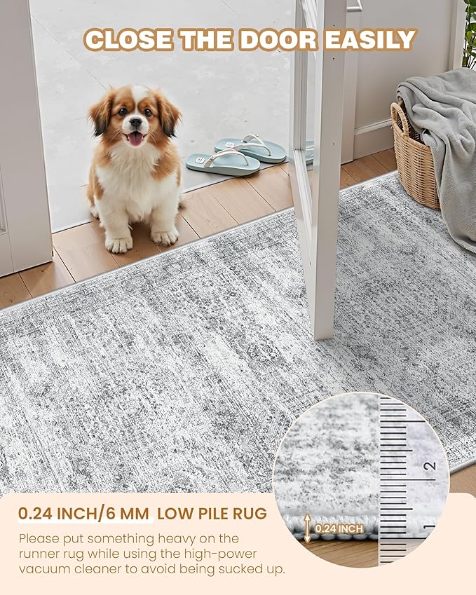 3x8 Runner Rug Non Slip Washable for Entryway, Vintage Hallway Runner for Front Porch, Laundry Room, Bedroom, Abstract Stain Resistant Thin Indoor Kitchen Mats for Floor(3'x8', Grey/Ivory)