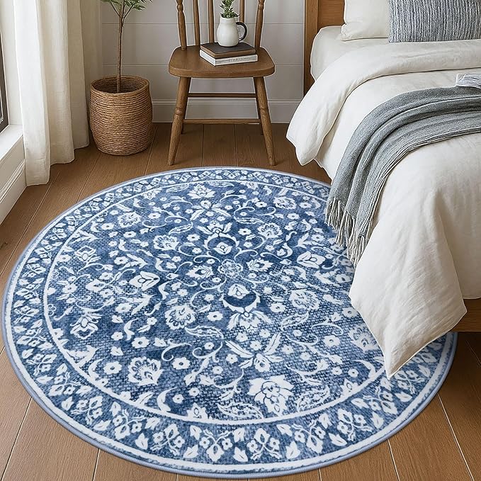 Blue and White Round Rug 6 Ft Rugs for Entryway Washable Circle Rug Non Slip Round Living Room Rugs Printed Faux Wool Vintage Round Dining Room Floor Carpet for Living Room, Bedroom