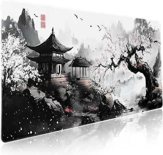 Black Whtie Japanese Gaming Mouse Pad XXL Anime Sakura Cherry Blossom Tree Extended Large Mat Mousepad Desk Pad Non-Slip Rubber Base Stitched Edge Keyboard Pad Playmat for Computer,35.4×15.7 Inch