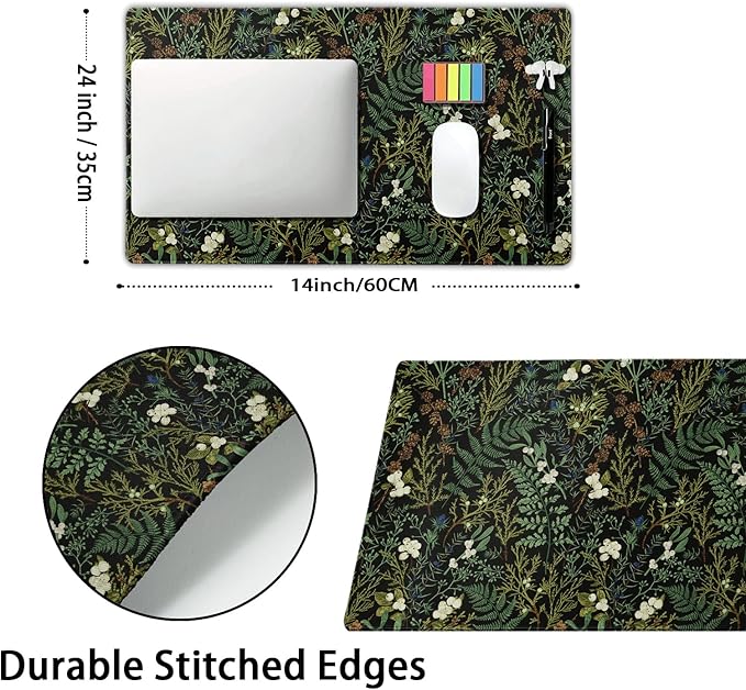 Black Aesthetic Vintage Botanical Gaming Mouse Pad Large XL Cute Forest Green Plant Nature Floral Extended Large Big Mousepad Non-Slip Stitched Edge Long Mat for Desk Computer,24x14 Inch,60x35 CM
