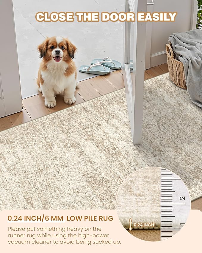 3x16 Washable Runner Rug for Hallway, Non-Slip Long Hallway Runner for Entryway, Soft Vintage Kitchen Mats for Floor, Abstract Dining Room, Bedroom, Living Room Rugs(3'x16', Beige/Ivory)