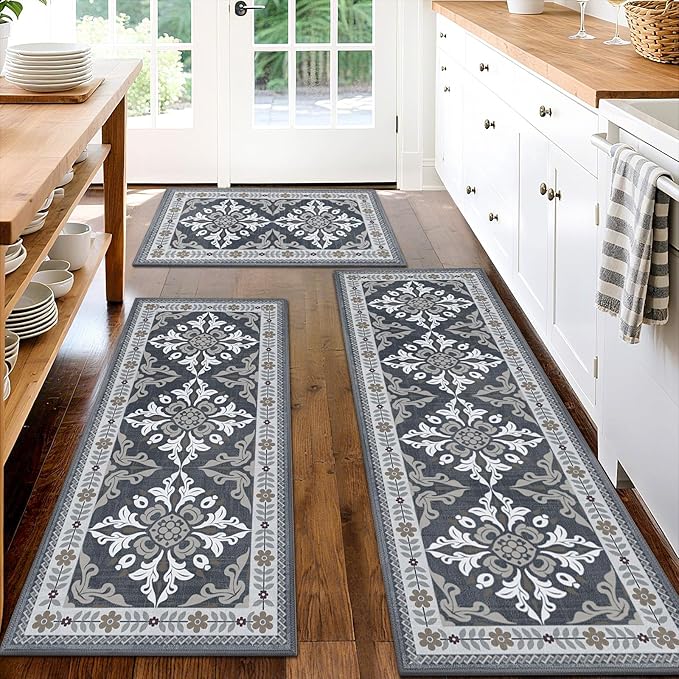 3-Piece Kitchen Rugs, Non-Slip & Washable Floor Mats, Water-Absorbent Area Pad, Standing Desk Mat for Office, Home, Doorway, Laundry, Kitchen Accessories (Grey)