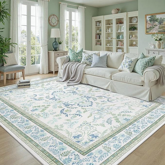 DCX Green 5x7 Area Rug, Machine Washable Non Slip Stain Resistant Soft Vintage Floral Rug, for Living Room, Bedroom, Playroom, Soft Low Pile Large Nursery Carpet