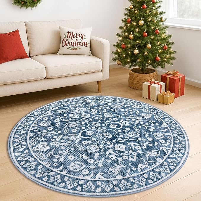 Blue and White Round Rug 6 Ft Rugs for Entryway Washable Circle Rug Non Slip Round Living Room Rugs Printed Faux Wool Vintage Round Dining Room Floor Carpet for Living Room, Bedroom