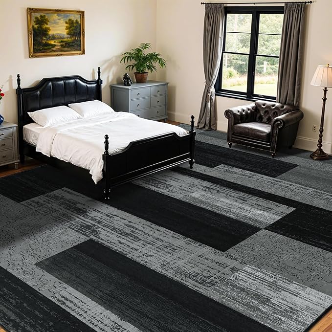 10x14 Washable Area Rugs for Living Room and Bedroom, Vintage Checkered Pattern Non-Slip Carpet, Stain Resistant Low Pile Soft Rug for Dining Room,Office,Nursery,Kids Room(10x14,Gray)