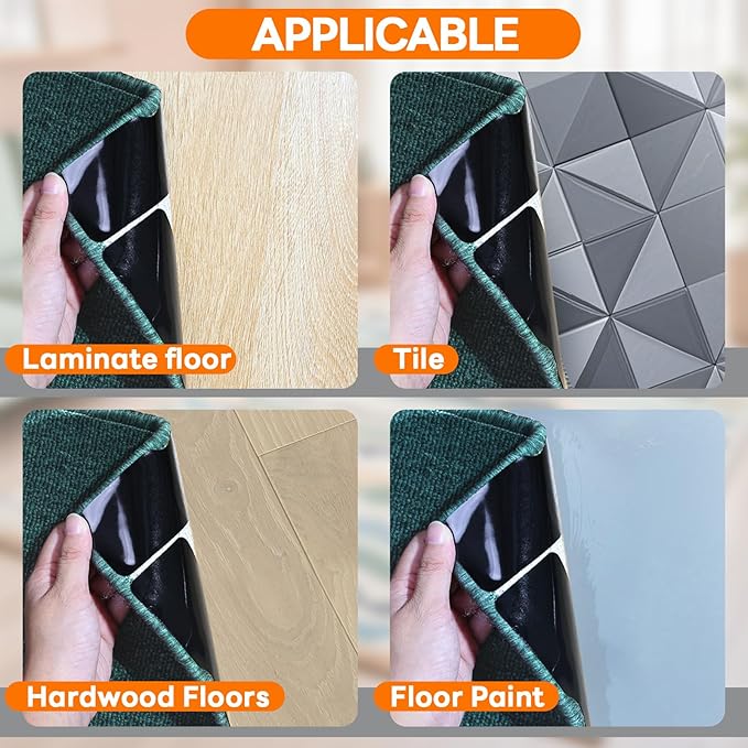 Rug Non Slip Grippers, Reusable Rug Tape Pads for Hardwood Floors, Tiles, No Residue Stickers for Wood Floor, Double Adhesive Carpet Tape for Area Rugs Corners Flat (8)