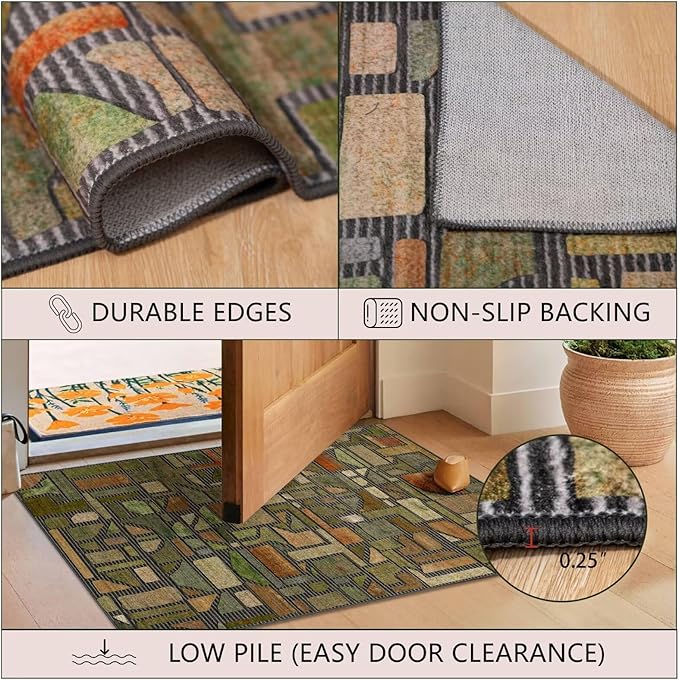 DEXDE 2x6 Runner Rug for Hallway, Washable Abstract Non Slip Low Pile Throw Vintage Checkered Rugs Soft Modern Indoor Carpet for Kitchen Bedroom Bathroom Laundry Entrance, Green