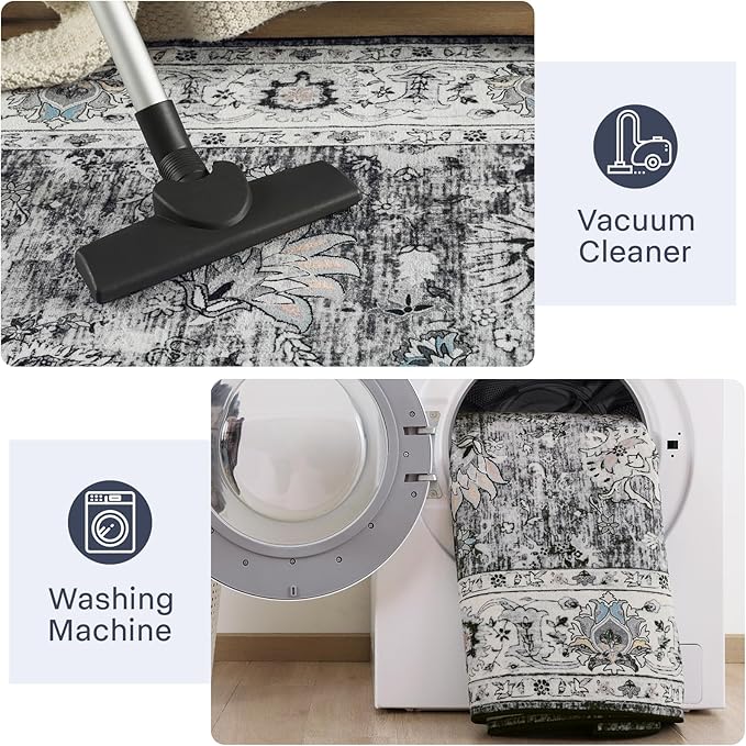 Area Rug 5x7 Washable Rug Grey Boho Rugs for Living Room Bedroom Playroom, Non Slip Low Pile Vintage Rug Floral Print Mat for Dining Room Home Office Christmas Rugs