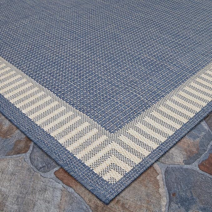 Couristan Recife Indoor Outdoor Rug - Wicker Stitch 7'6" Square in Ivory and Blue, Hose Washable, Low Pile, Pet- Kid Friendly Home Decor for Living Room, Patio Furniture Set, Kitchen