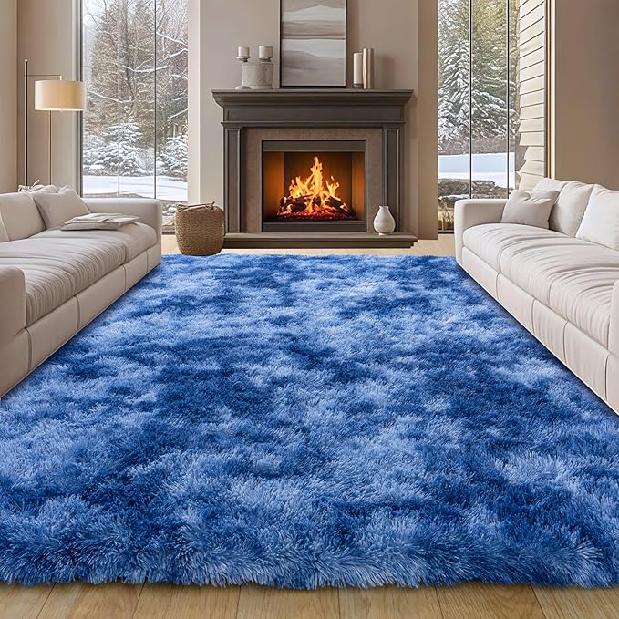 9x12 Large Area Rugs for Living Room, Tie-Dyed Blue Fluffy Shag Rug for Bedroom and Nursery, Soft and Comfy, Big Carpet for Kids, Girls, Boys Room Dorm Home Decor Aesthetic, Upgrade Non Slip
