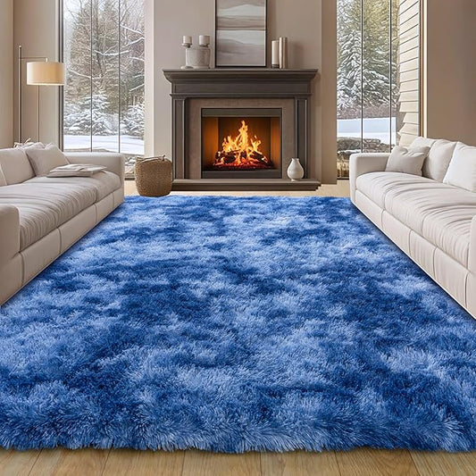 9x12 Large Area Rugs for Living Room, Tie-Dyed Blue Fluffy Shag Rug for Bedroom and Nursery, Soft and Comfy, Big Carpet for Kids, Girls, Boys Room Dorm Home Decor Aesthetic, Upgrade Non Slip