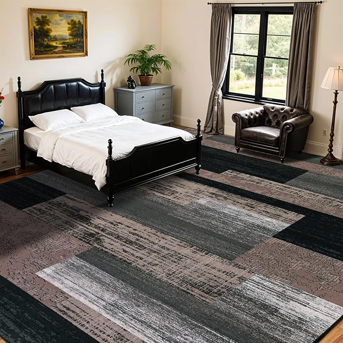 10x14 Washable Area Rugs for Living Room and Bedroom, Vintage Checkered Pattern Non-Slip Carpet, Stain Resistant Low Pile Soft Rug for Dining Room,Office,Nursery,Kids Room(10x14,Chocolate)