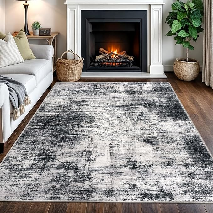 IOHOUZE Modern Abstract Area Rugs 5x7 Ft Washable Rugs for Living Room, Non Slip Dining Room Rug, Printed Faux Wool Rugs for Bedroom, Floor Carpet for Office Nursery Playroom, Black Grey