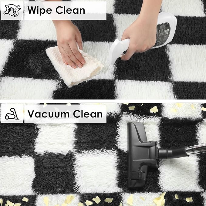 KICMOR Round Rugs 5ft for Bedroom Living Room, Black and White Fluffy Soft Circle Area Rug Fuzzy Shag Shaggy Plush Carpet, Indoor Checkered Circular Rug for Kids Room Nursery Home Decor Aesthetic