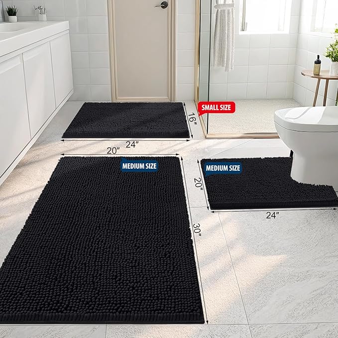 Smiry Luxury Chenille Bathroom Rugs 50x30, Extra Soft and Absorbent Shaggy Bath Mat, Machine Washable, Non-Slip Plush Carpet Runner for Tub, Shower, and Floor, Home Decor Accessories, Black