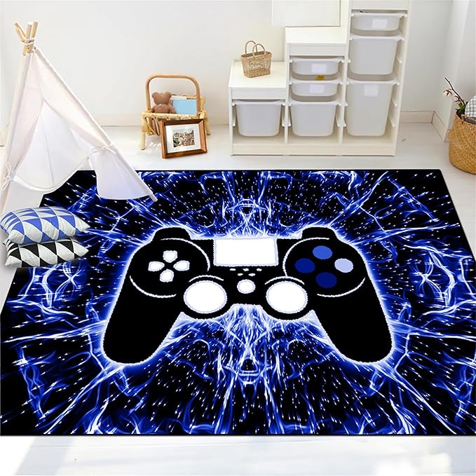 BATATADOCE Game Controller Gaming Rugs Art Abstract Background Open Space Gamer Rug Hyperspace Home Decoration for Teen Boys Game Style Bedroom Living Playing Room Black Blue