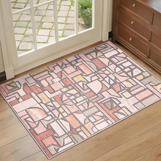 DEXDE Entryway Area Rugs 2x3 Vintage, Non Slip Washable Low Pile Throw Checkered Rug Modern Abstract Door Mat Indoor Soft Small Carpet for Entrance Bedroom Bathroom Laundry, Pink