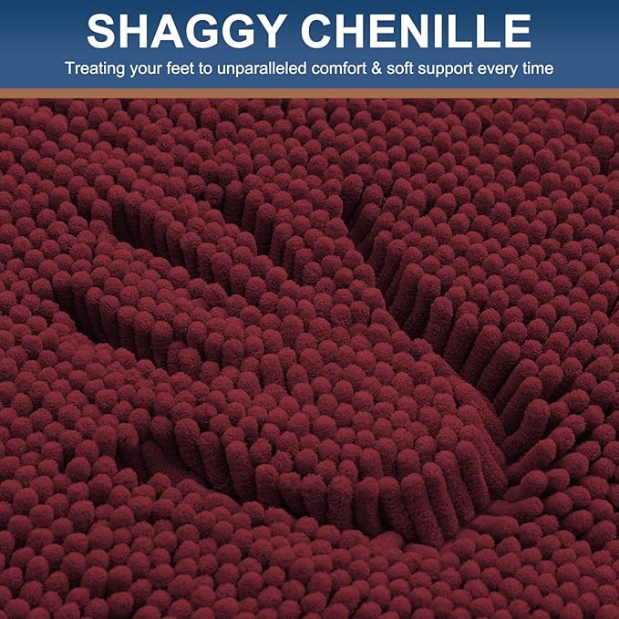 Smiry Luxury Chenille Bathroom Rugs 47x17, Extra Soft and Absorbent Shaggy Bath Mat, Machine Washable, Non-Slip Plush Carpet Runner for Tub, Shower, and Floor, Home Decor Accessories, Burgundy