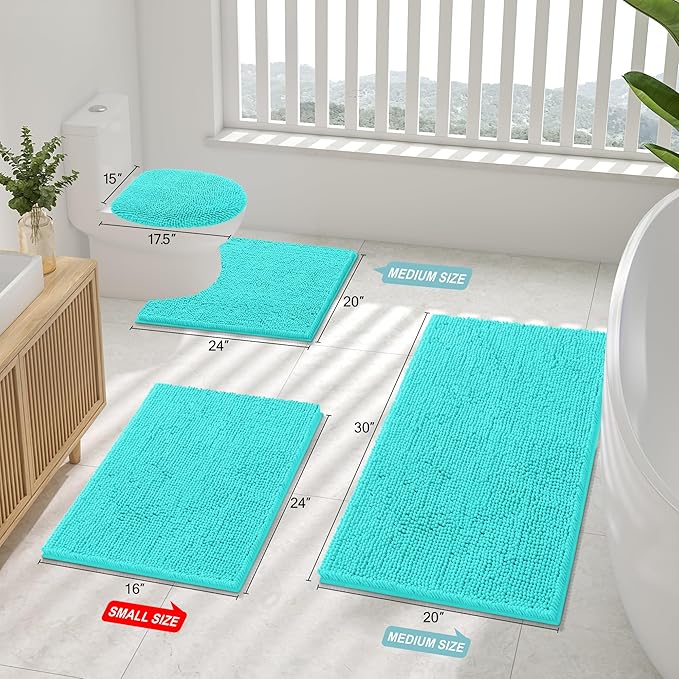 Smiry Luxury Chenille Toilet Rugs U-Shaped 24x20, Soft Absorbent Non-Slip Contour Bathroom Rugs for Toilet, Machine Washable Contoured Bath Mats, Turquoise