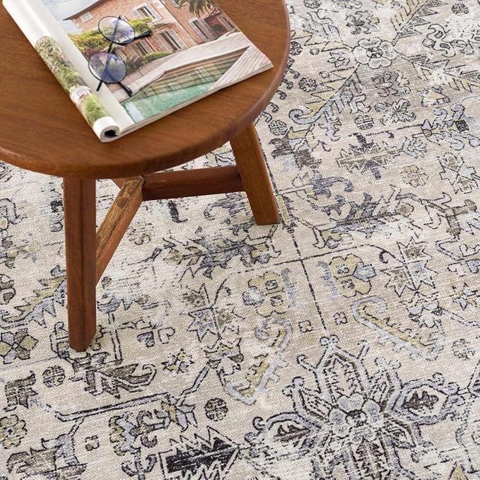 Hauteloom Ariane Bohemian Vintage Medallion Area Rug - Farmhouse Oriental Carpet for Living Room, Bedroom - Machine Washable- Gold, Arctic Blue, Black - 7'10" x 10'3"