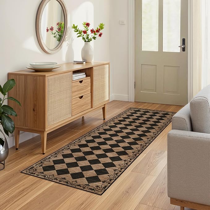 Beeiva Checkered Kitchen Runner Rug 2x6 Vintage Washable Runners for Hallways Non Slip Ultra Thin, Moroccan Framhouse Bathroom Runner Fall Brown Print Entryway Laundry Besides Home Decor (Brown/Black)