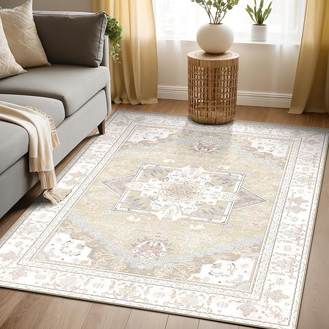 Area Rugs 5x7, Washable Rugs for Living Room, Non-Slip Rug, Boho Medallion Rug, Distressed Carpet, Low Pile Boho Rugs for Bedroom Dining Room