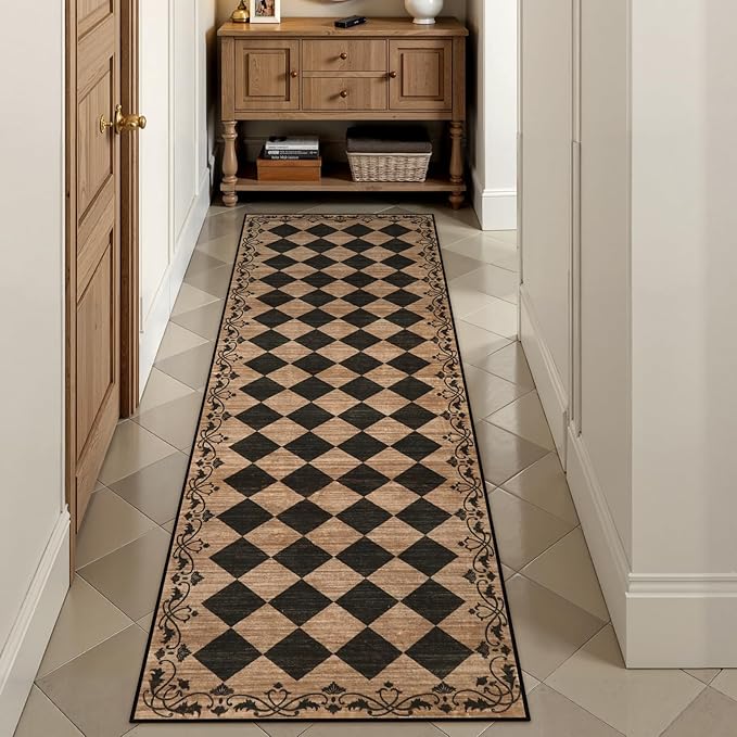 Beeiva Checkered Kitchen Runner Rug 2x6 Vintage Washable Runners for Hallways Non Slip Ultra Thin, Moroccan Framhouse Bathroom Runner Fall Brown Print Entryway Laundry Besides Home Decor (Brown/Black)