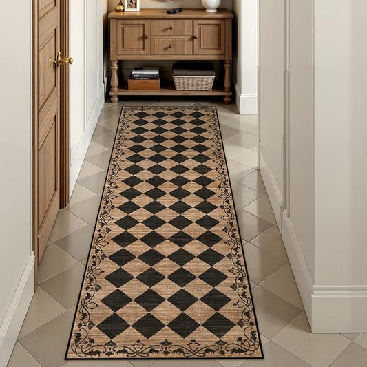 Beeiva Checkered Kitchen Runner Rug 2x6 Vintage Washable Runners for Hallways Non Slip Ultra Thin, Moroccan Framhouse Bathroom Runner Fall Brown Print Entryway Laundry Besides Home Decor (Brown/Black)