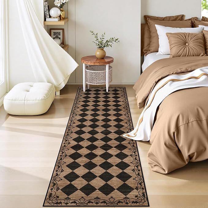 Beeiva Checkered Hallway Runner Rug 2.5x8 Vintage Kitchen Runner Rugs Non Skid Washable 8ft, Stain Resistant Ultra Thin Entryway Decor Framhouse Fall Diamond Carpet for Bathroom Besides (Brown/Black)