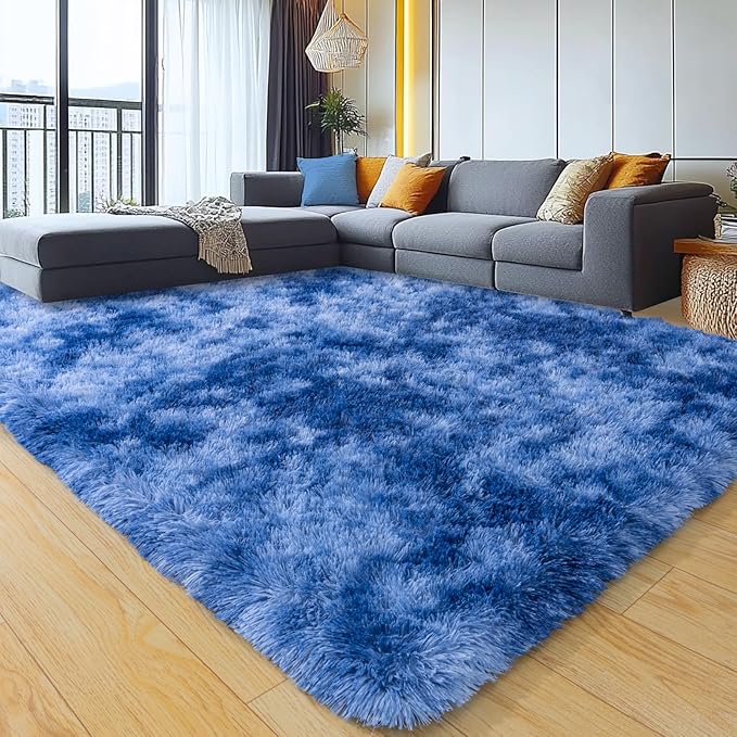 9x12 Large Area Rugs for Living Room, Tie-Dyed Blue Fluffy Shag Rug for Bedroom and Nursery, Soft and Comfy, Big Carpet for Kids, Girls, Boys Room Dorm Home Decor Aesthetic, Upgrade Non Slip