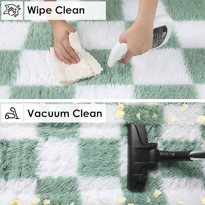 KICMOR Round Rugs 5ft for Bedroom Living Room, Fluffy Soft Circle Area Rug Fuzzy Shag Shaggy Carpet, Sage Green and White Checkered Circular Rug for Kids Boys Girls Room Nursery Home Decor Aesthetic