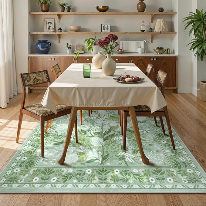 Anidaroel Sage Green Botanical Washable Rugs 5x7, Non-Slip Large Area Rug for Living Room, Soft Modern Rugs for Bedroom Aesthetic, Stain Resistant Dining Room Mat Carpet for Dorm Playroom