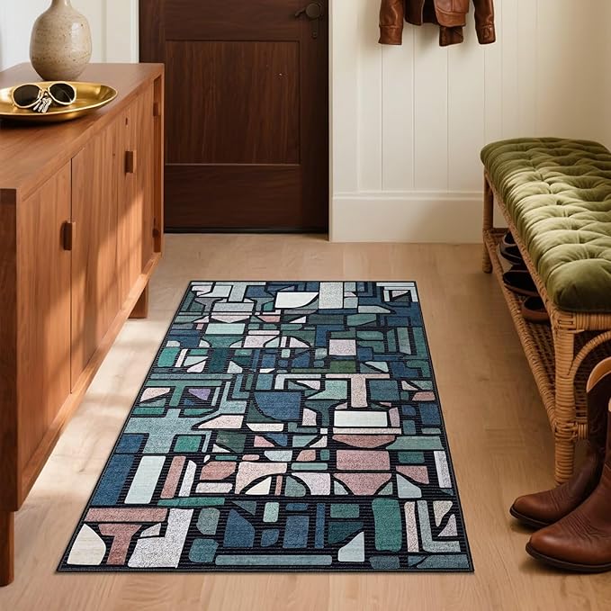 DEXDE Entryway Area Rugs 2x3 Vintage, Non Slip Washable Low Pile Throw Checkered Rug Modern Abstract Door Mat Indoor Soft Small Carpet for Entrance Bedroom Bathroom Laundry, Blue