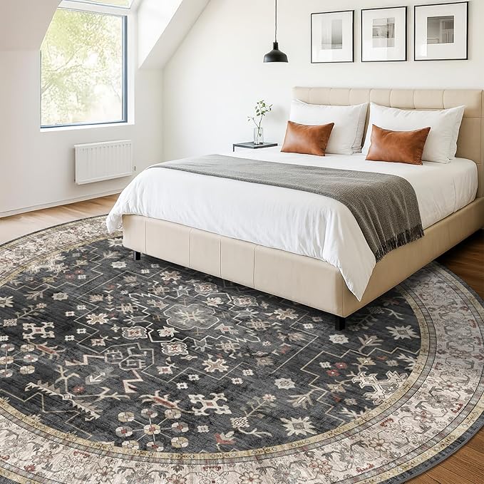 10ft Round Washable Rug - Large Area Rug for Living Room, Dining Room, Black Soft Farmhouse Bedroom Carpet with Geometric Floral Pattern, Modern Boho Décor, Low Pile & Soft Stain Resistant