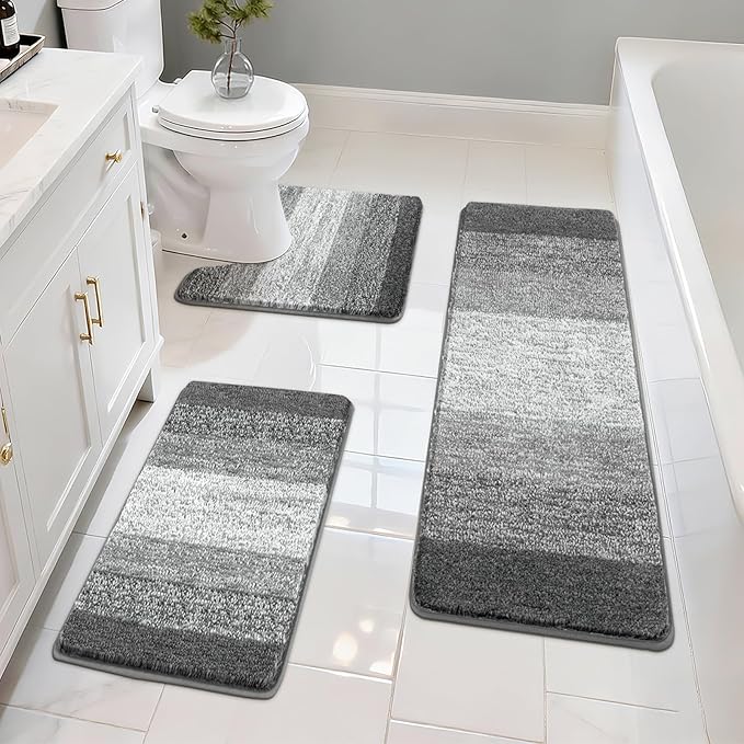 Pauwer Bathroom Rugs Sets 3 Piece Shower Rugs with U-Shaped Contour Toilet Mat Absorbent Microfiber Plush Bath Mats Non Slip Bath Rugs Machine Washable Shaggy Bathroom Floor Mats, Grey
