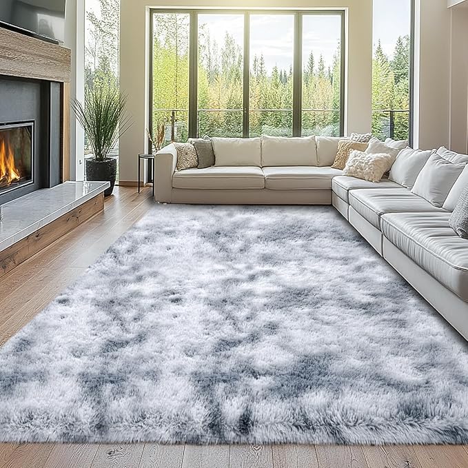 Shag Rugs for Living Room 9x12: 9x12 Area Rugs for Living Room- 9x12 Large Soft Tie-Dyed Light Grey Rugs for Bedroom- Fuzzy Plush Modern Carpets for Kids Room (Tie-Dyed Light Grey, 9x12 Feet