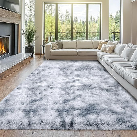 Shag Rugs for Living Room 9x12: 9x12 Area Rugs for Living Room- 9x12 Large Soft Tie-Dyed Light Grey Rugs for Bedroom- Fuzzy Plush Modern Carpets for Kids Room (Tie-Dyed Light Grey, 9x12 Feet