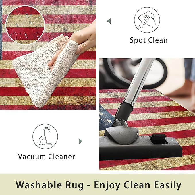 Vintage American Flag Area Rugs 5x7 Washable Area Rugs for Living Room Throw Large Bedroom Kitchen Rug Non-Slip Low-Plie Entryway Rug Floor Mat Carpet for Dining Laundry Room Office