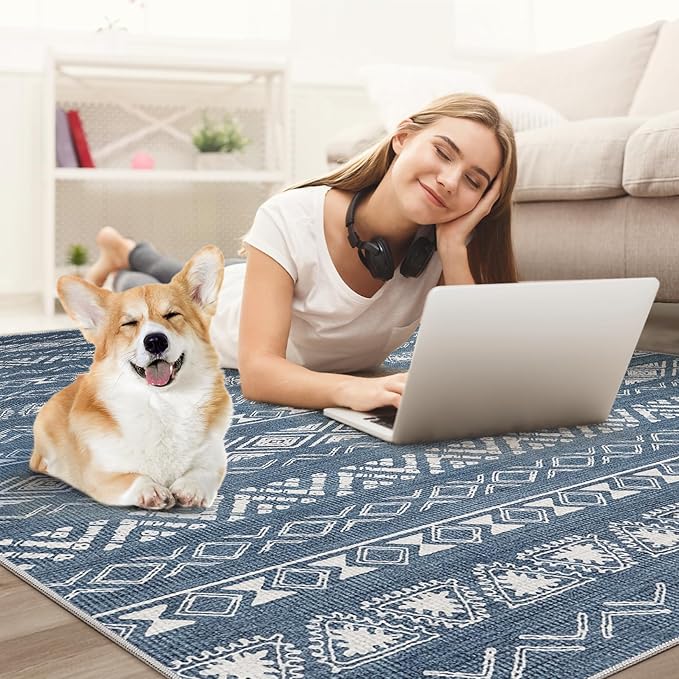 Area Rug Living Room Rugs - 6X9 Washable Boho Farmhouse Bohemian Neutral Large Moroccan Geometric Soft No Slip Indoor Thin Floor Carpet for Bedroom Under Dining Table Home Office -Blue