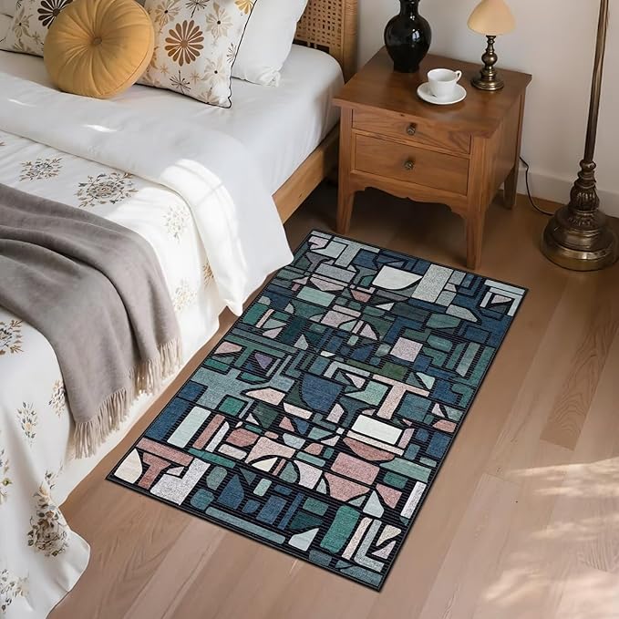 DEXDE Entryway Area Rugs 2x3 Vintage, Non Slip Washable Low Pile Throw Checkered Rug Modern Abstract Door Mat Indoor Soft Small Carpet for Entrance Bedroom Bathroom Laundry, Blue