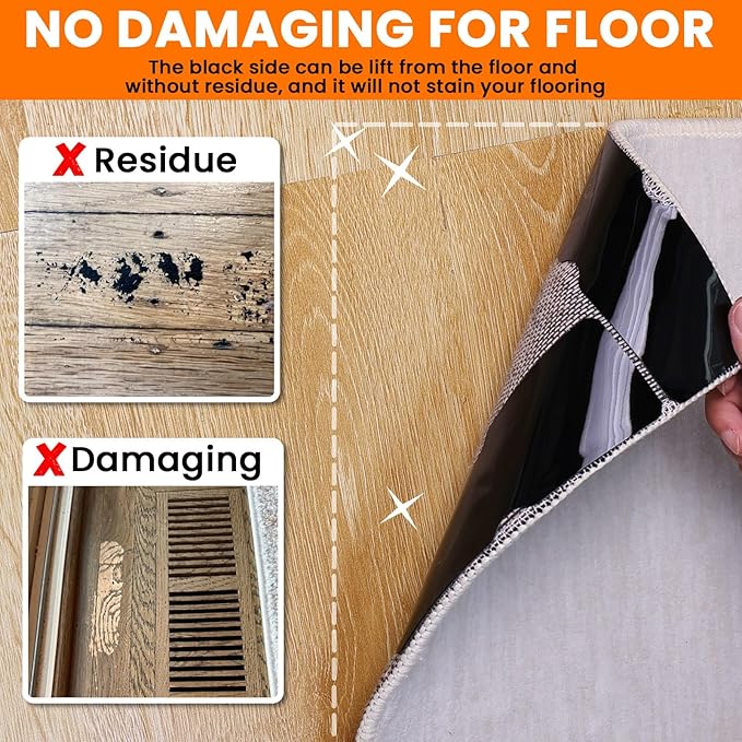 Rug Non Slip Grippers, Reusable Rug Tape Pads for Hardwood Floors, Tiles, No Residue Stickers for Wood Floor, Double Adhesive Carpet Tape for Area Rugs Corners Flat (16)