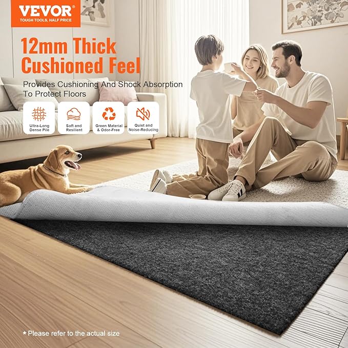 VEVOR 8' x 10' Rug Pad Gripper Without Slip-Resistance - 1/2" Thick Polyester Felt Padding Cushion for Area Carpet Runner Hardwood Floors Living Room - Grey