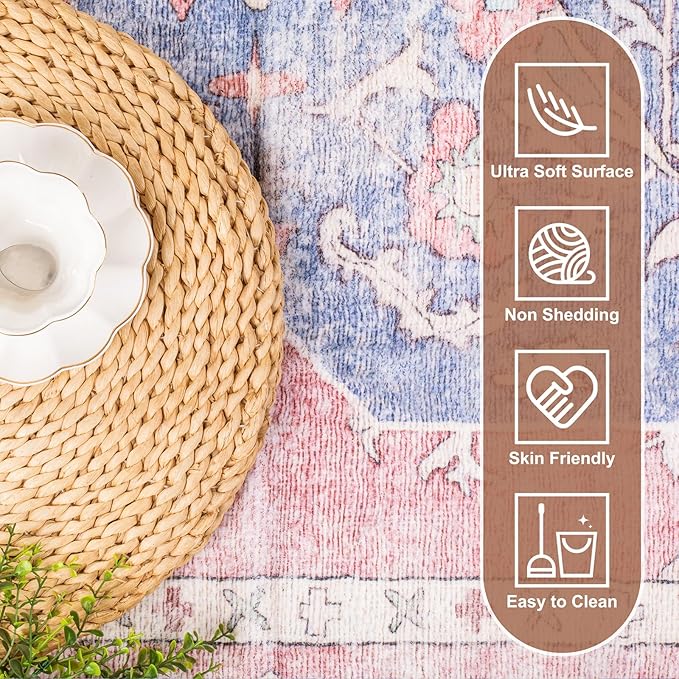 Area Rug 5x7 - Vintage Honeycomb Non Slip Backing Carpet - Ocean Pink Mixed Softer Thicker Faux Wool Rug - Foldable & Machine Washable Rugs for Living Room Bedroom Dining Room Home Office