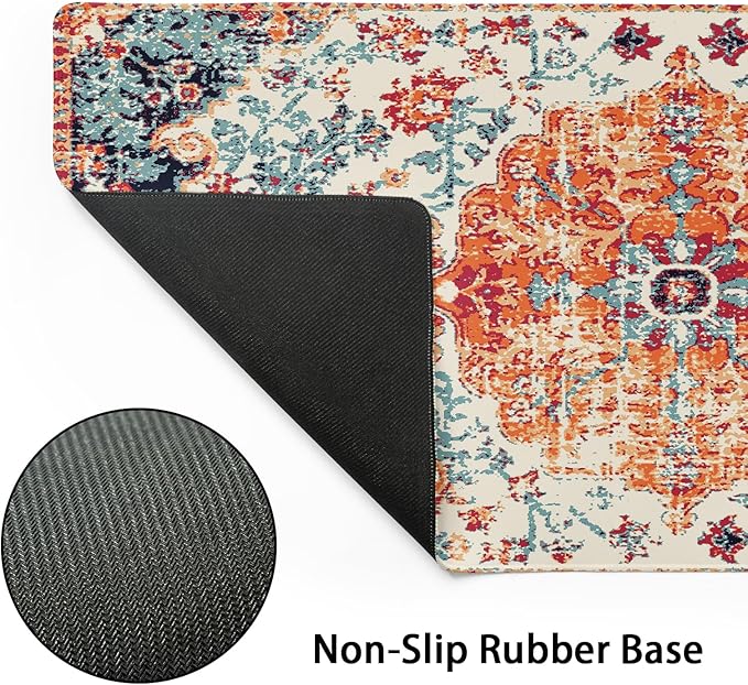 Orange Teal Boho Gaming Mouse Pad Extended 3XL Rug Carpet Bohemian Retro Large Desk Mat Big Mousepad Non-Slip Rubber Base Stitched Edge Long Desk Pad for Desktop Office PC Gamer,47.2x23.6 in,120x60cm