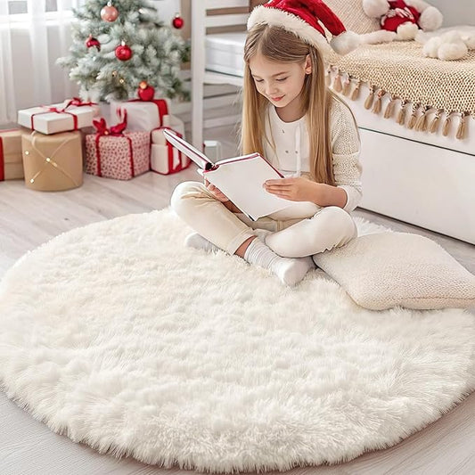 OLANLY Ivory Round Rugs for Bedroom - Machine Washable, 4 ft Circle Area Rugs for Living Room, Soft and Fluffy Shaggy Carpet for Teen Girls and Boys, Nursery Rooms, Dorms, Home Decor Aesthetic