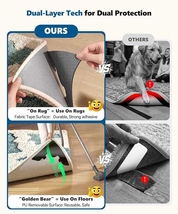 Extra Large Rug Tape, Strong Hold Anti-Slip Rug Pads Grippers, Holds Carpet in Place on Hardwood Floors and Tiles, Washable & Reusable & No Residue, Black 8Pcs