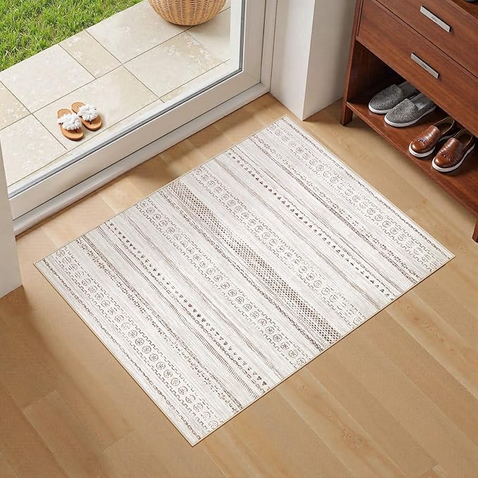 Area Rug Living Room Rugs - 2X3 Washable Boho Farmhouse Bohemian Neutral Large Moroccan Geometric Soft No Slip Indoor Thin Floor Carpet for Bedroom Under Dining Table Home Office - Brown